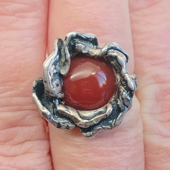 Vtg Modernist Brutalist Sterling Silver Carnelian Ring Size 8 Designer Signed - Picture 2 of 9